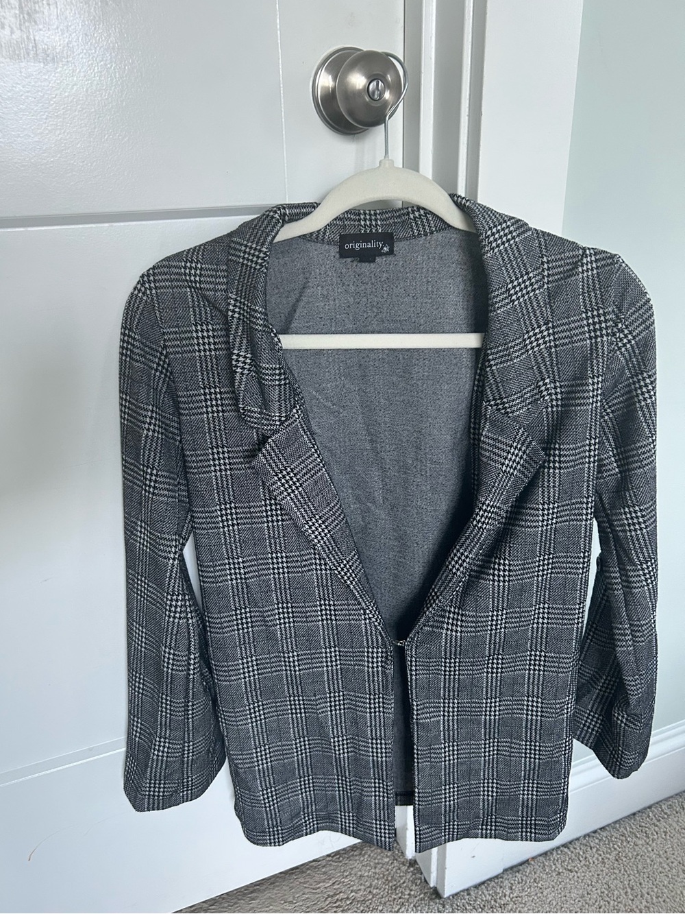 Gray Plaid Open-Front Blazer Jacket